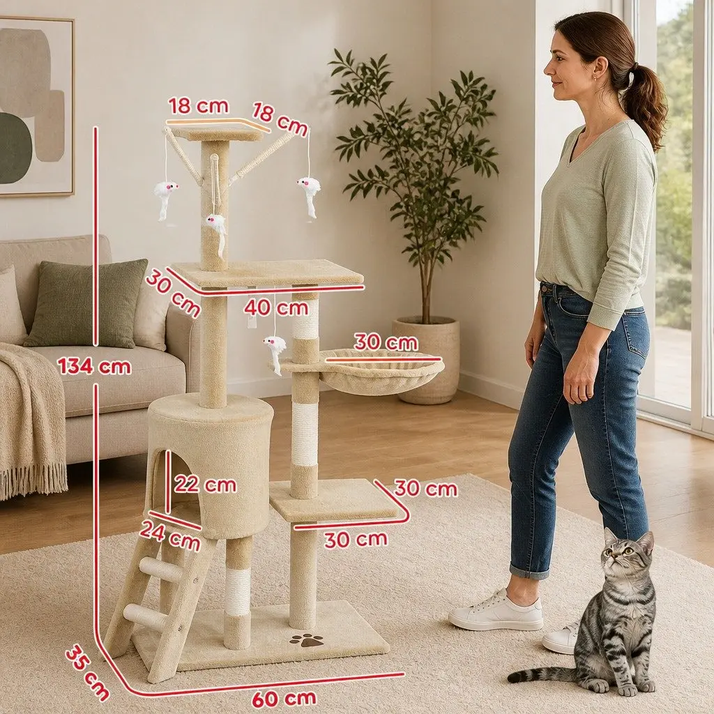 Indoor Cat Tree 134cm with Sisal Posts and Plush Perch