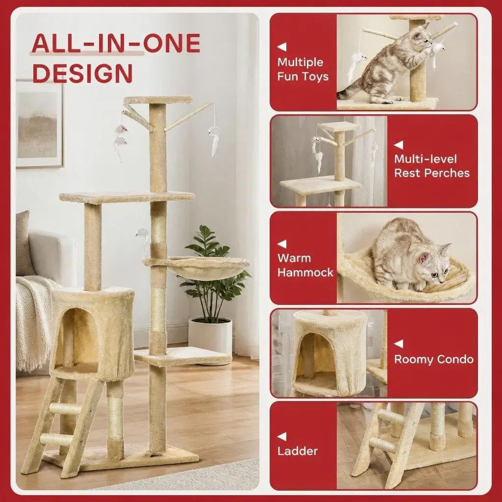 Indoor Cat Tree 134cm with Sisal Posts and Plush Perch