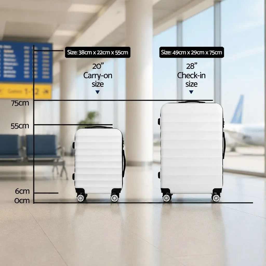 Hard Shell Luggage Set 2 Piece 20" 28" Carry On Suitcase TSA Lock Spinner White