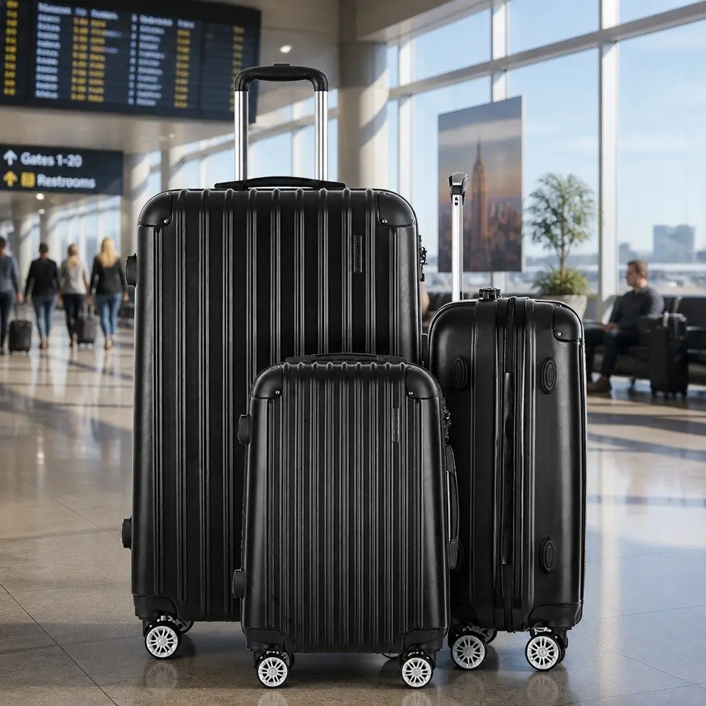 3 Piece Hard Shell Luggage Set AB Black 20 Inch 24 Inch 28 Inch Trolley Carry On Travel Suitcase