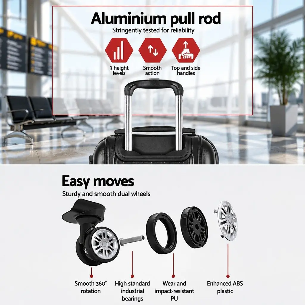 3 Piece Hard Shell Luggage Set AB Black 20 Inch 24 Inch 28 Inch Trolley Carry On Travel Suitcase