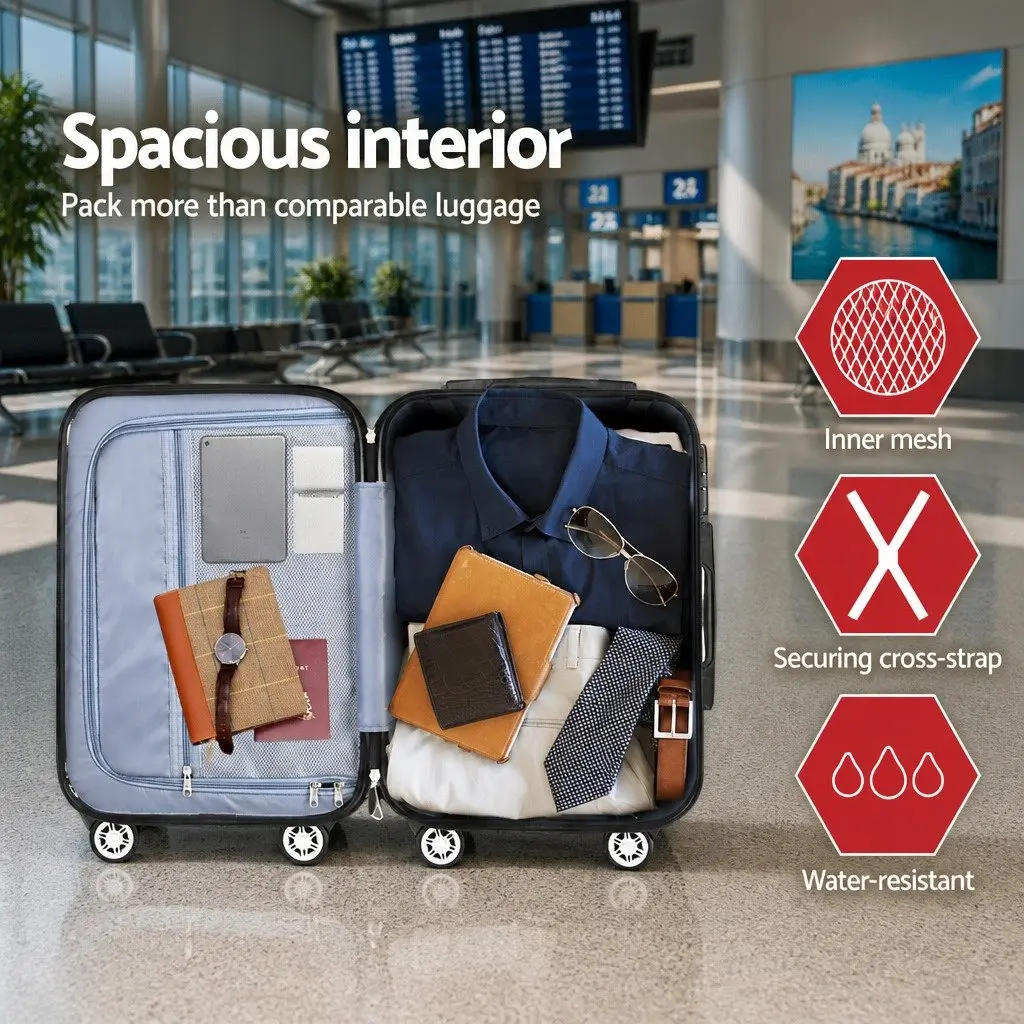 3 Piece Hard Shell Luggage Set AB Black 20 Inch 24 Inch 28 Inch Trolley Carry On Travel Suitcase