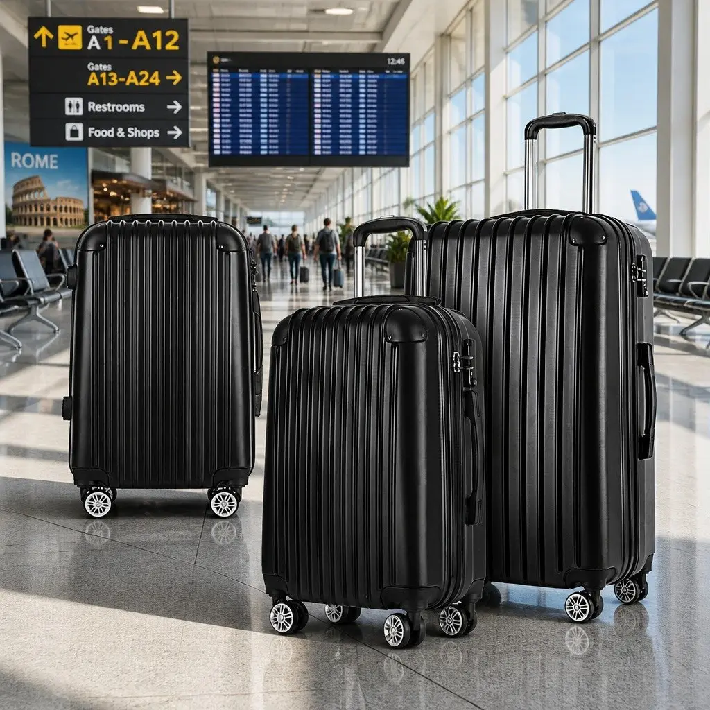 3 Piece Hard Shell Luggage Set AB Black 20 Inch 24 Inch 28 Inch Trolley Carry On Travel Suitcase