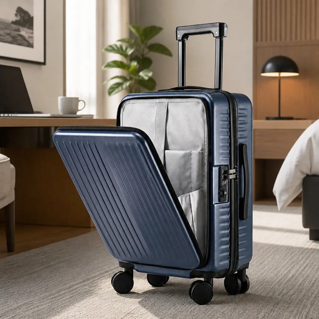 20" Navy Carry-On Suitcase with Front Pocket & Spinner Wheels