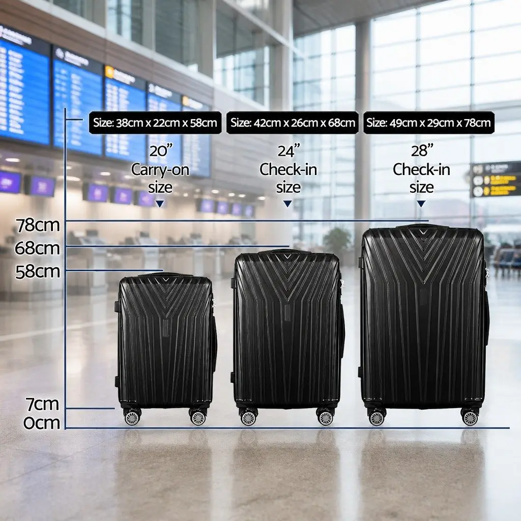 3 Piece Luggage Set ABS Hard Shell 20-24-28 Inch Black Suitcase