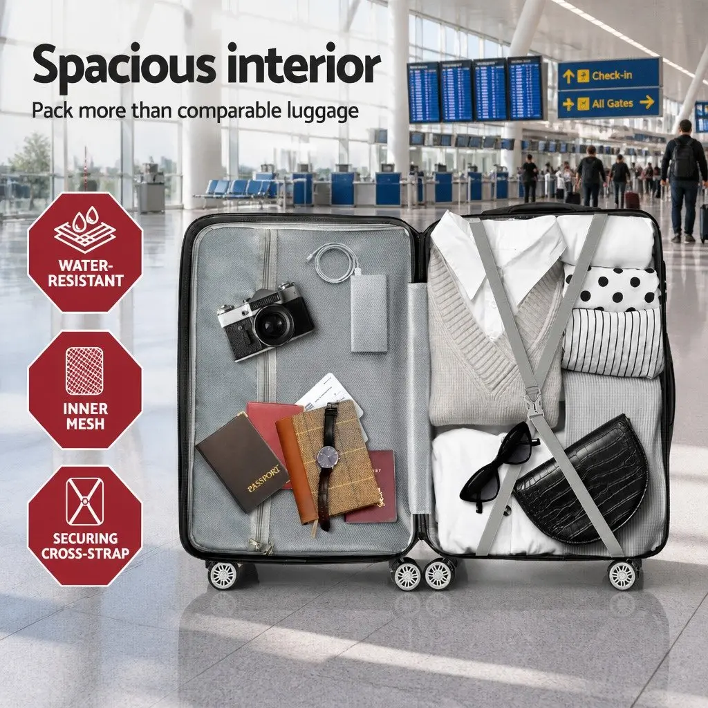 3 Piece Luggage Set ABS Hard Shell 20-24-28 Inch Black Suitcase