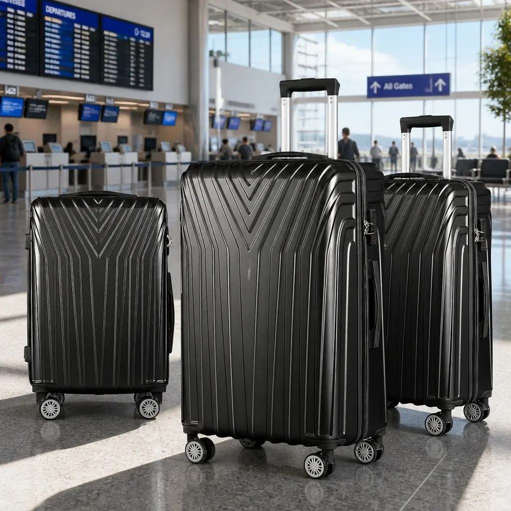 3 Piece Luggage Set ABS Hard Shell 20-24-28 Inch Black Suitcase