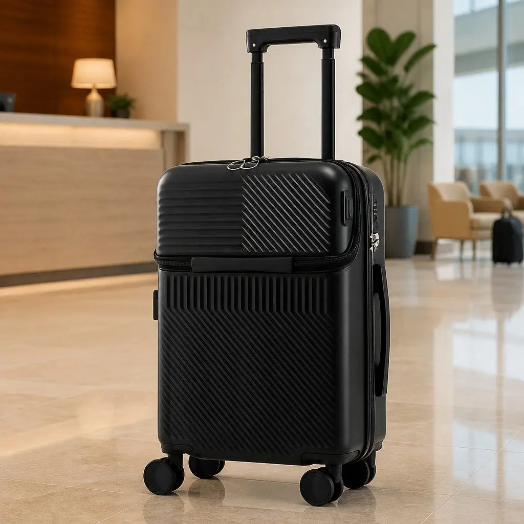 20" Black Carry On Luggage with Front Pocket and Spinner Wheels