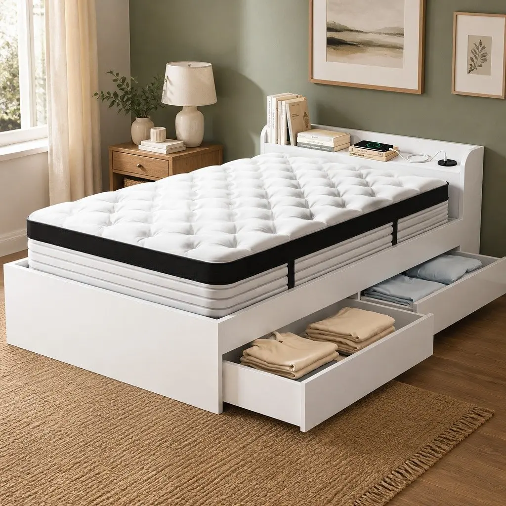 Single Mattress with 5-Zone Pocket Spring Wooden Bed Frame White Storage Headboard and Charging Ports