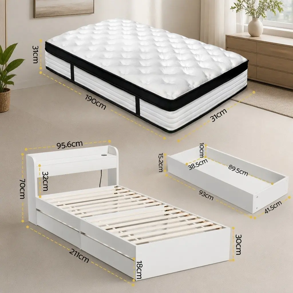 Single Mattress with 5-Zone Pocket Spring Wooden Bed Frame White Storage Headboard and Charging Ports
