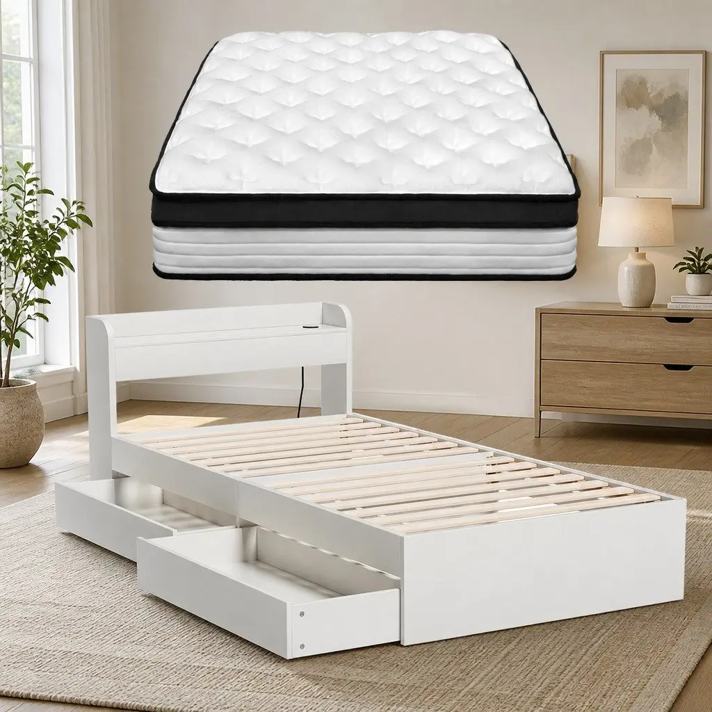 Single Mattress with 5-Zone Pocket Spring Wooden Bed Frame White Storage Headboard and Charging Ports