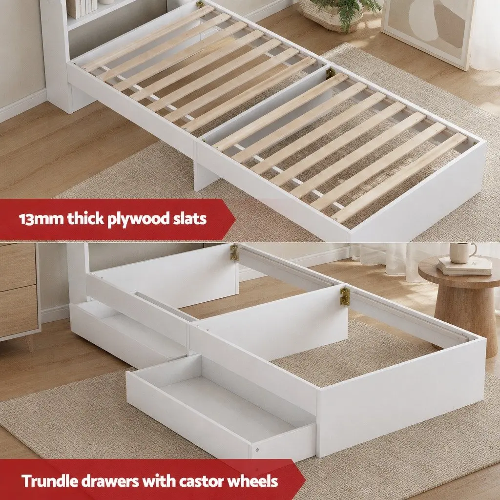 Single Mattress with 5-Zone Pocket Spring Wooden Bed Frame White Storage Headboard and Charging Ports