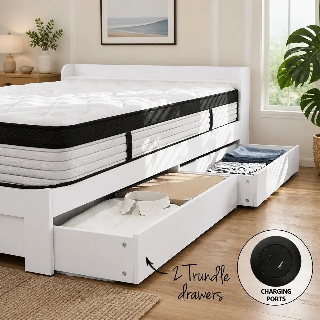 Single Mattress with 5-Zone Pocket Spring Wooden Bed Frame White Storage Headboard and Charging Ports