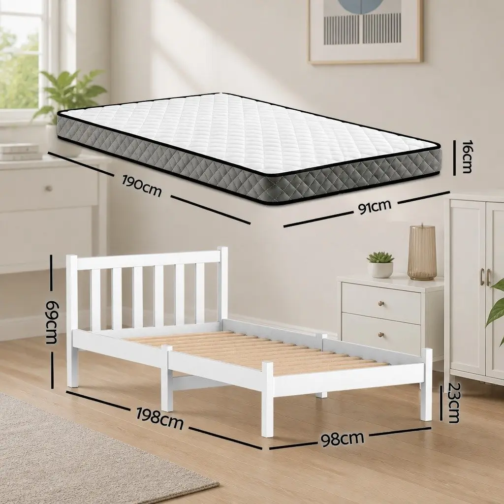 Single Mattress and Bed Frame Set in White Pine