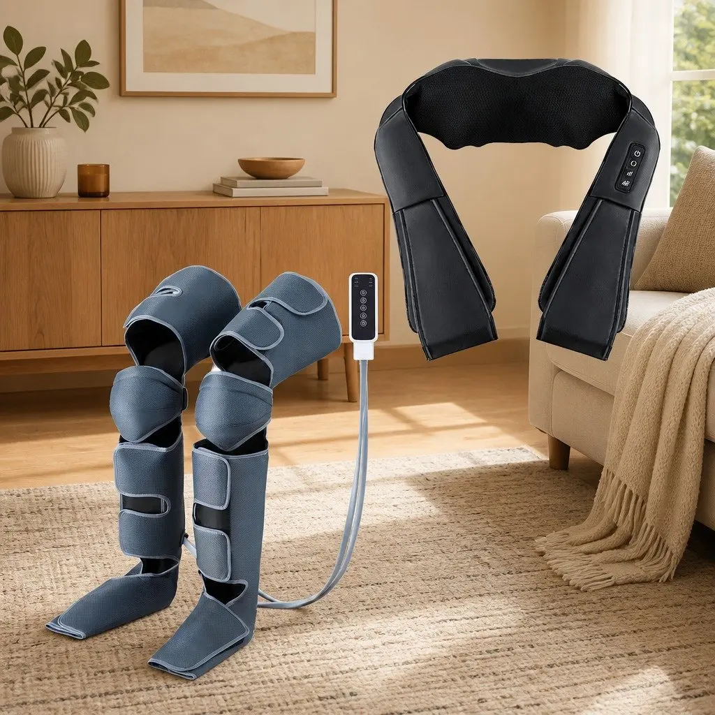 Leg Massager Fabric Black Neck Massager PU Leather Black 9 Piece