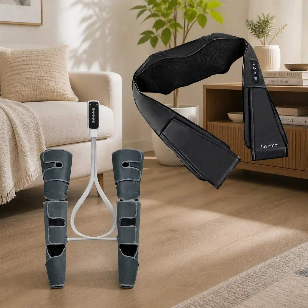 Leg Massager Fabric Black Neck Massager PU Leather Black 9 Piece