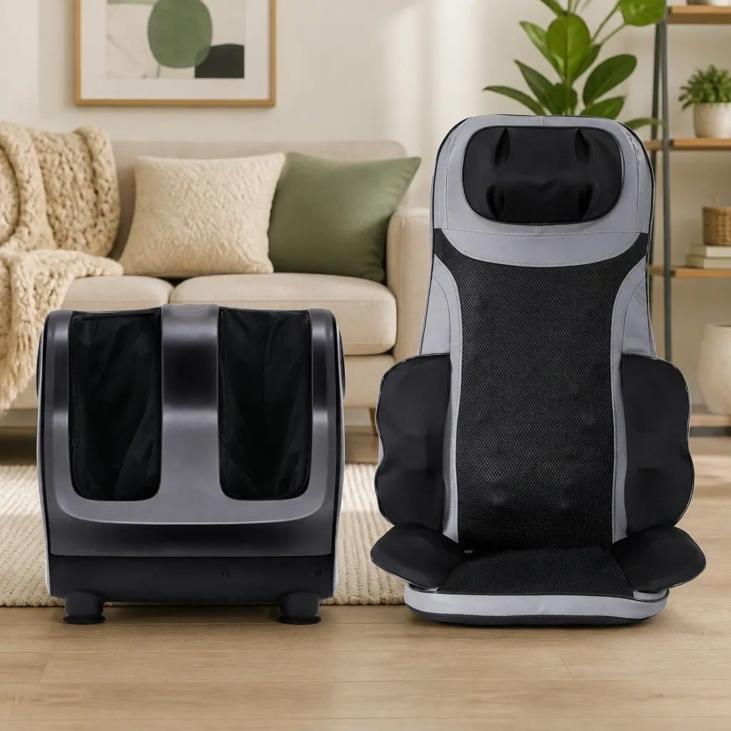 Full Back Massage Seat Cushion and Foot Massager Combo Black