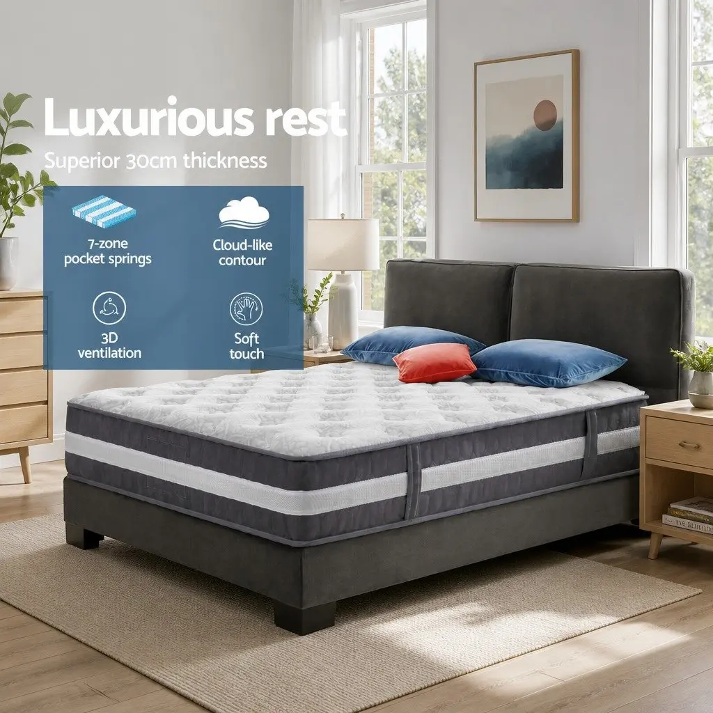 Queen Pocket Spring Mattress 30cm Medium Firm Comfort