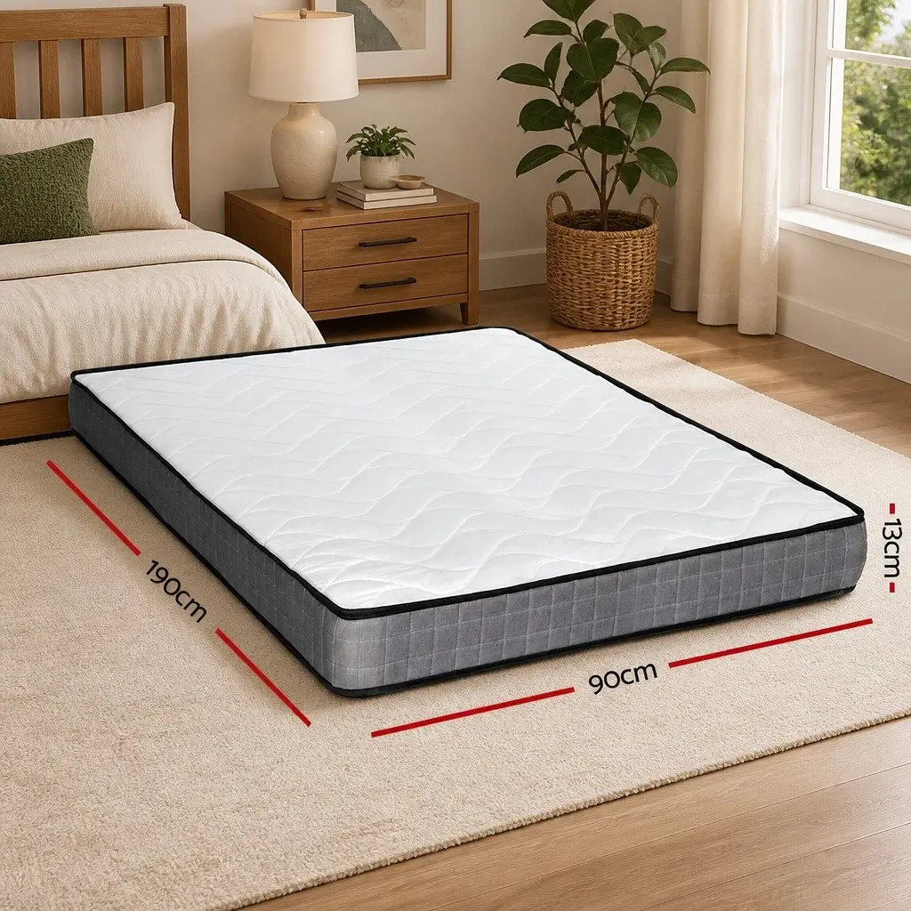 Single Mattress Bonnell Spring 13cm Medium Firm Quilted White Grey