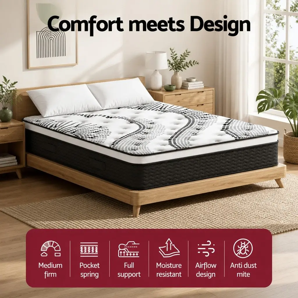 Euro Top Mattress 32cm Thick Super King Size Medium Firm Plush Pocket Spring White Black