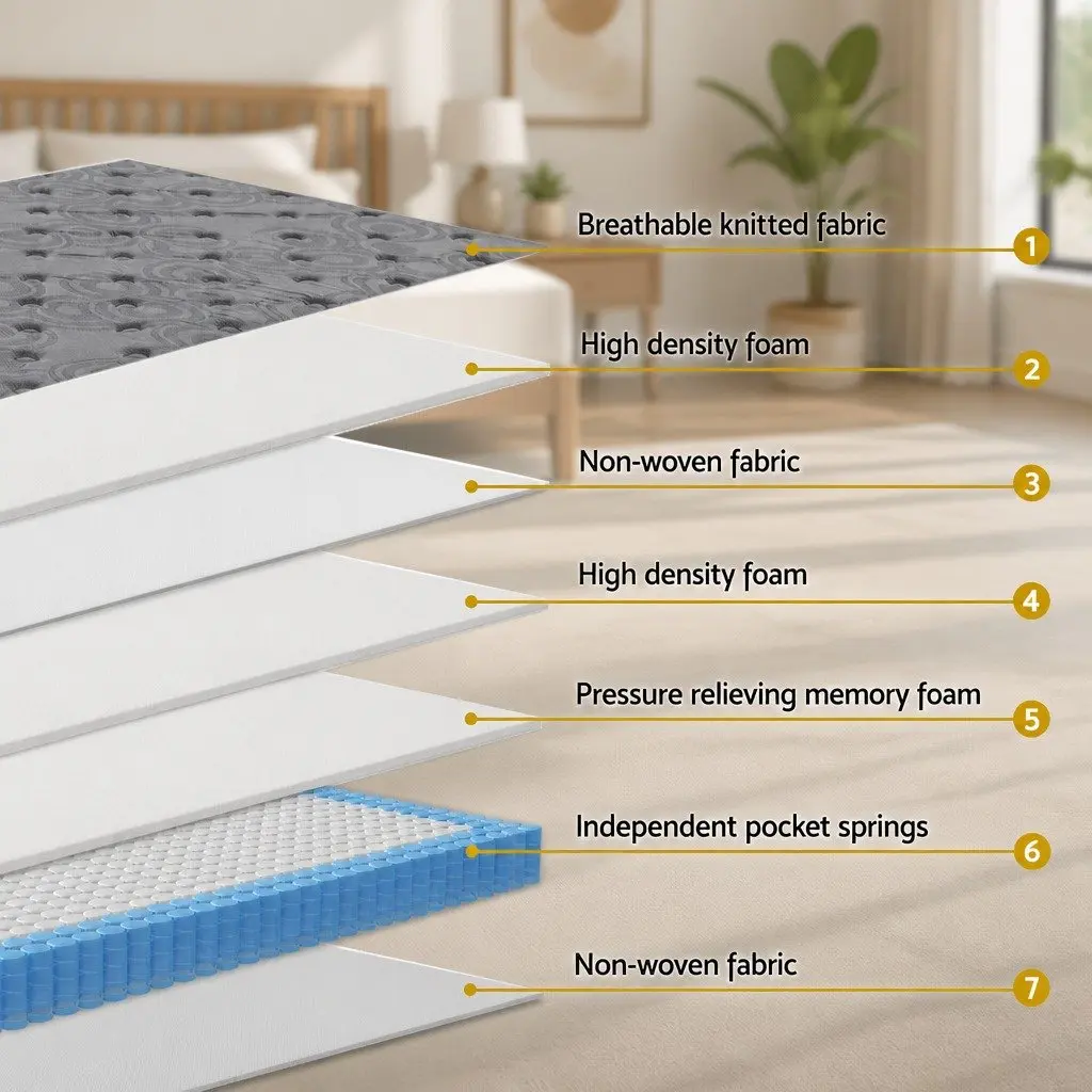 Double Mattress 26cm Euro Top Medium-Firm Support Grey Pocket Spring Bed