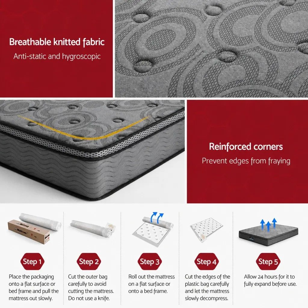 Double Mattress 26cm Euro Top Medium-Firm Support Grey Pocket Spring Bed