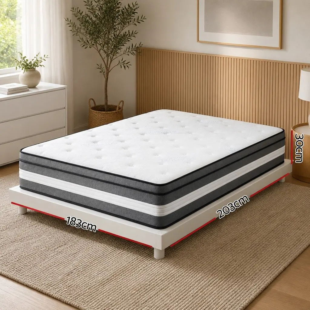 King Single Mattress Grey 30cm Euro Top Pocket Spring Gel Memory Foam