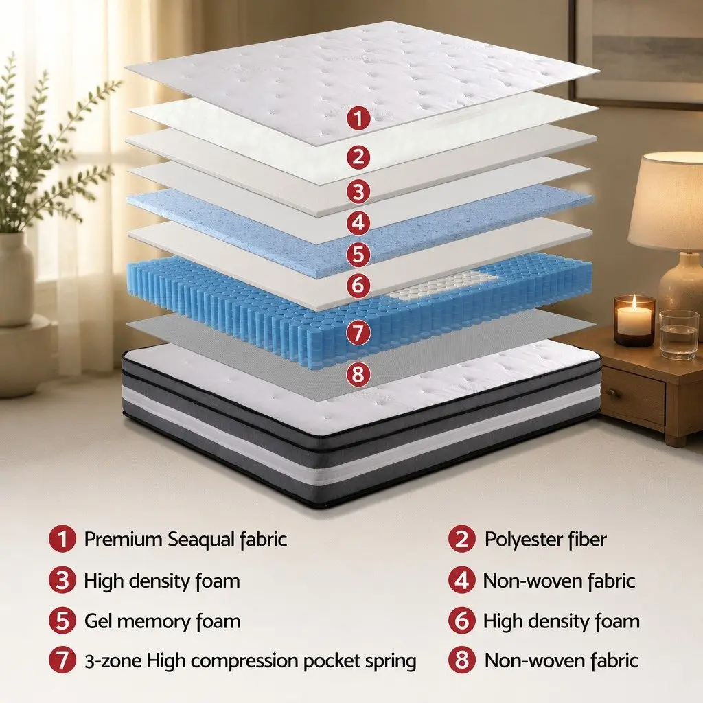 King Single Mattress Grey 30cm Euro Top Pocket Spring Gel Memory Foam