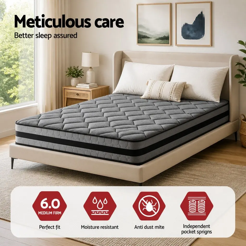 King Size Pocket Spring Mattress 22cm Medium Firm Grey and Black