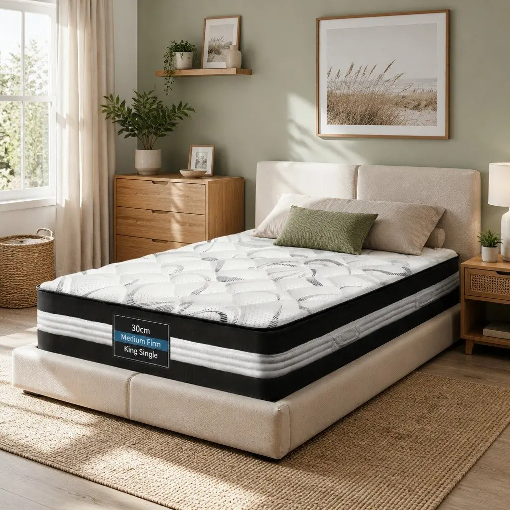 King Single Mattress Pocket Spring 30cm Medium Firm White Black