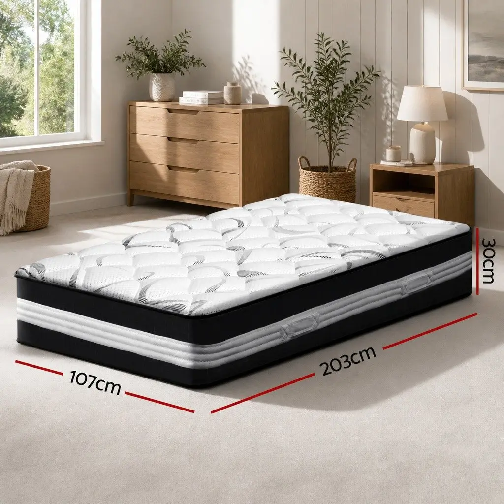 King Single Mattress Pocket Spring 30cm Medium Firm White Black