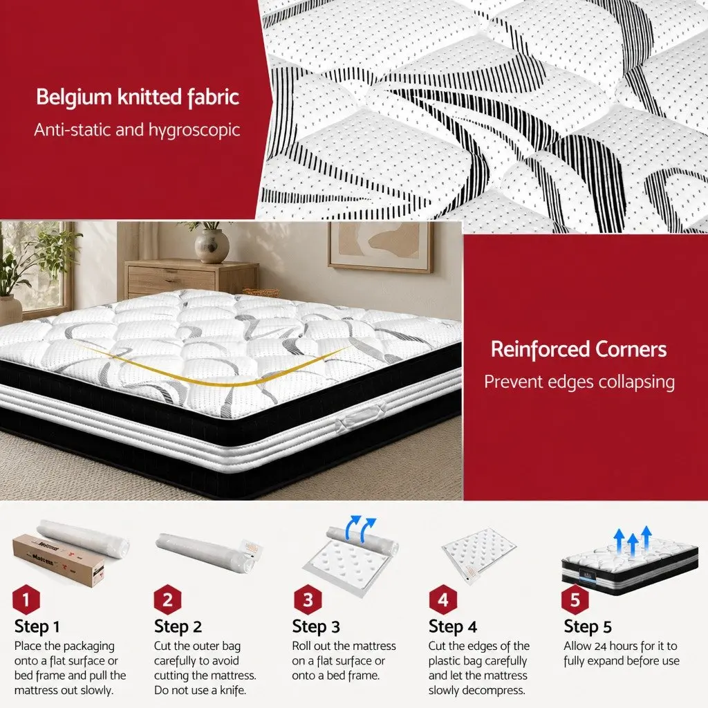 King Single Mattress Pocket Spring 30cm Medium Firm White Black