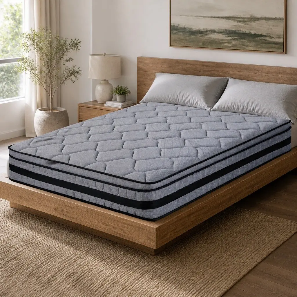 King Size Hybrid Mattress 34cm Pocket Spring Euro Top Medium Firm Support Grey and Black