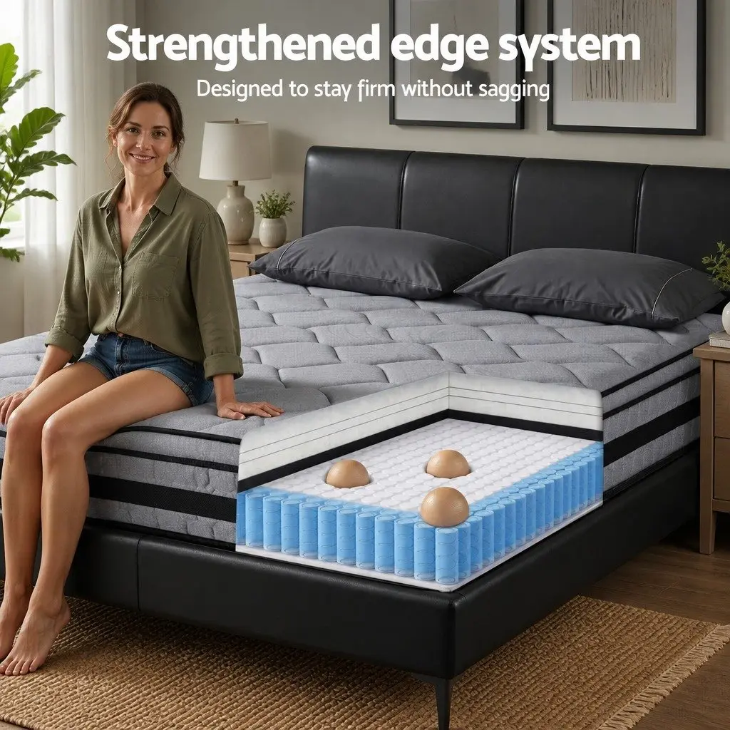 King Size Hybrid Mattress 34cm Pocket Spring Euro Top Medium Firm Support Grey and Black