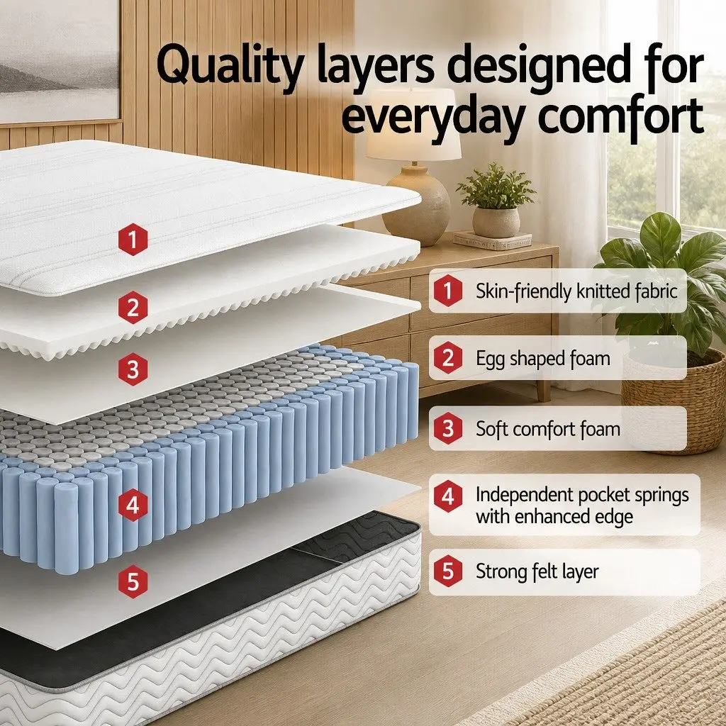 Queen Mattress Egg-Crate Foam 20cm Medium-Firm Pocket Spring White