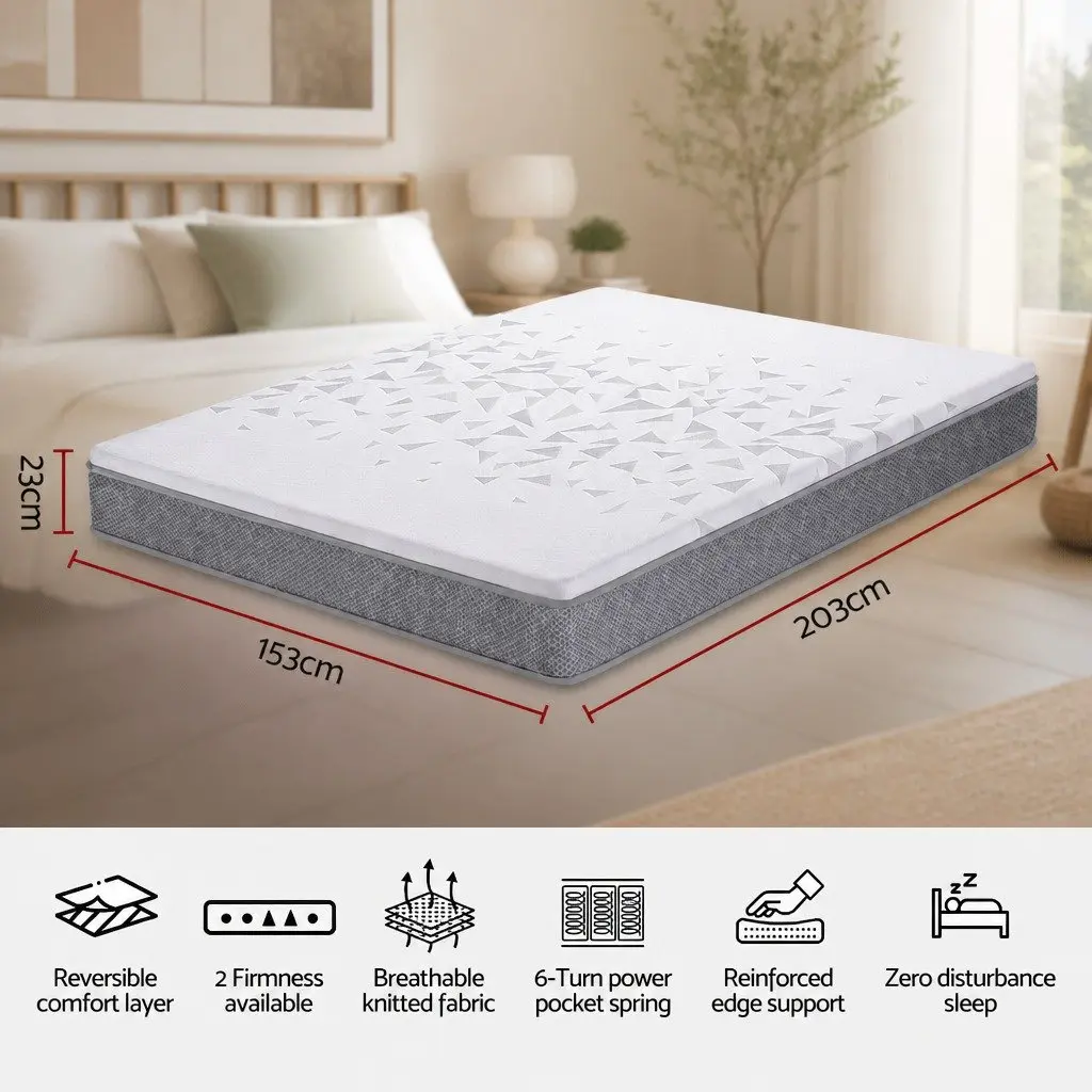 Queen Mattress 23cm Reversible Foam Pocket Spring Medium Firm Dual Firmness Grey White
