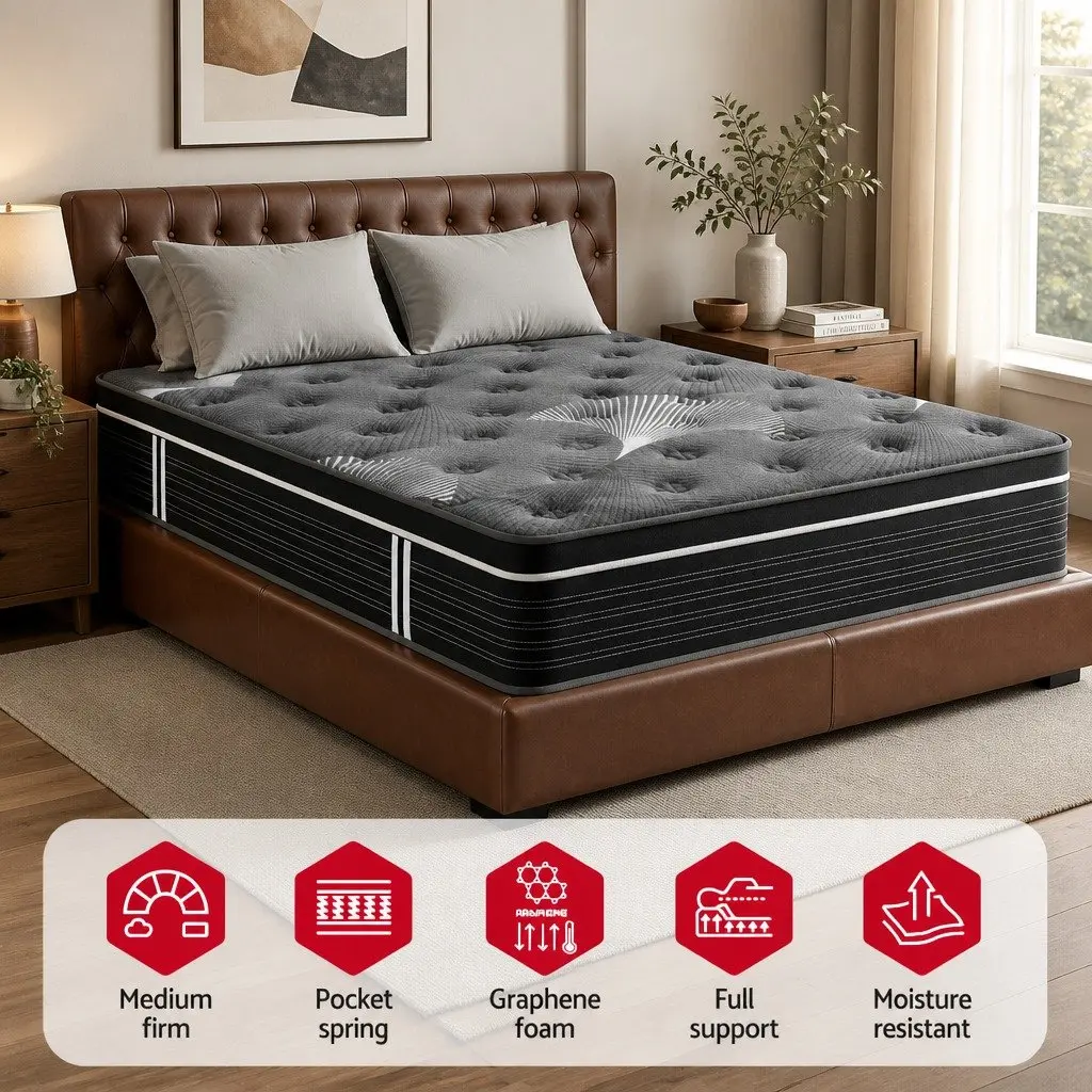 Queen Mattress Graphene Memory Foam 35cm Euro Top Medium Firm Black or Dark Grey