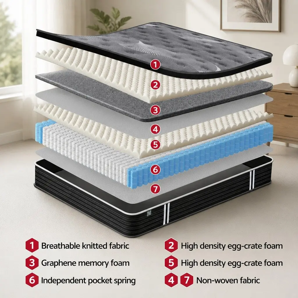 Queen Mattress Graphene Memory Foam 35cm Euro Top Medium Firm Black or Dark Grey