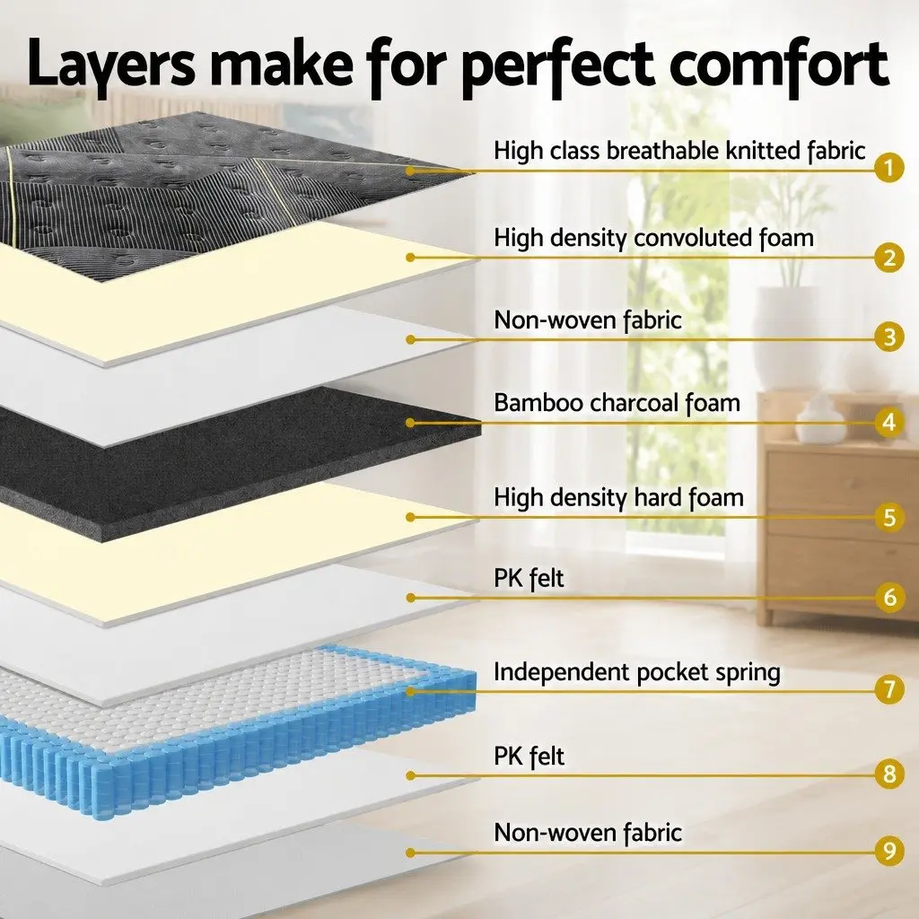 King Size Mattress Hybrid Pocket Spring Bamboo Charcoal Foam 35cm Euro Top Black