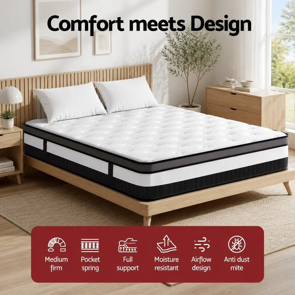 King Size Mattress White 30cm Medium Firm Support Euro Top Pocket Spring