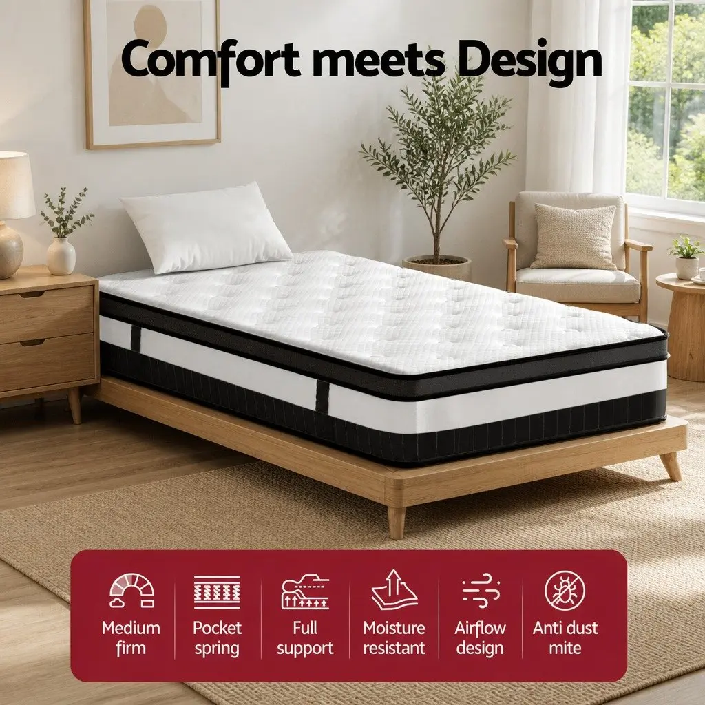 Single Mattress 30cm Medium-Firm White Euro Top Pocket Spring