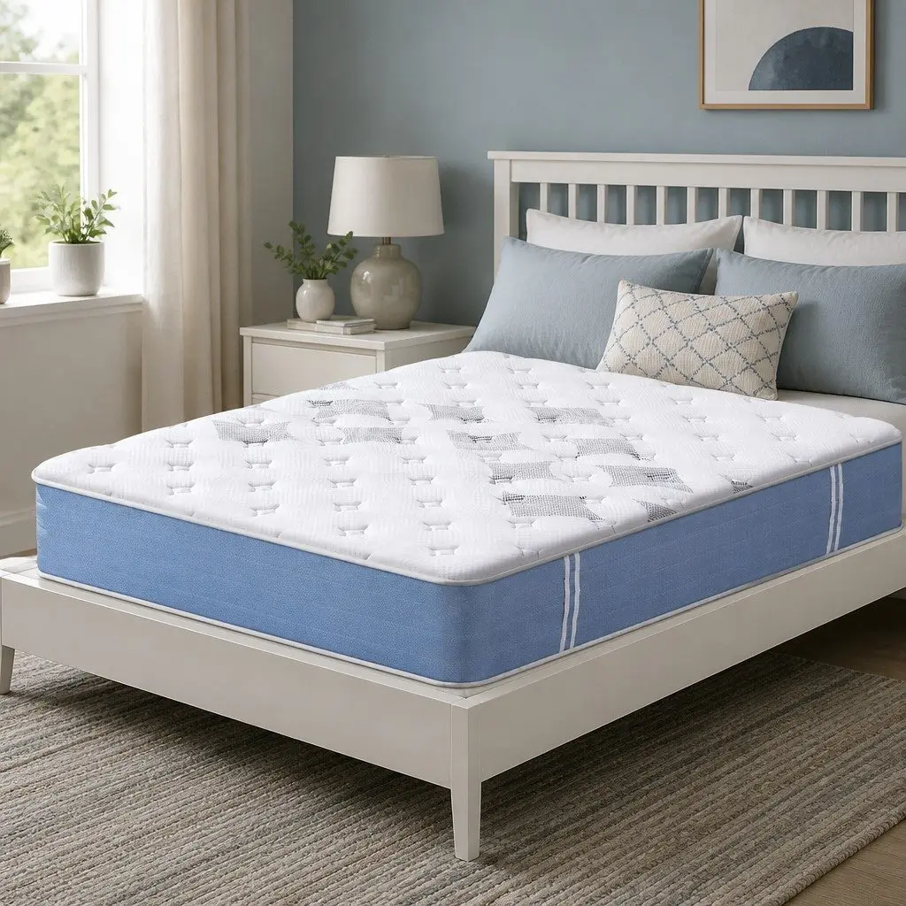 Double Mattress Bamboo Fibre 25cm Euro Top Medium Firm White and Blue