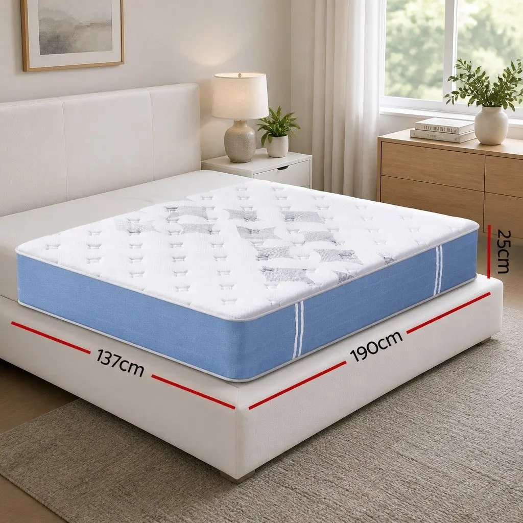 Double Mattress Bamboo Fibre 25cm Euro Top Medium Firm White and Blue