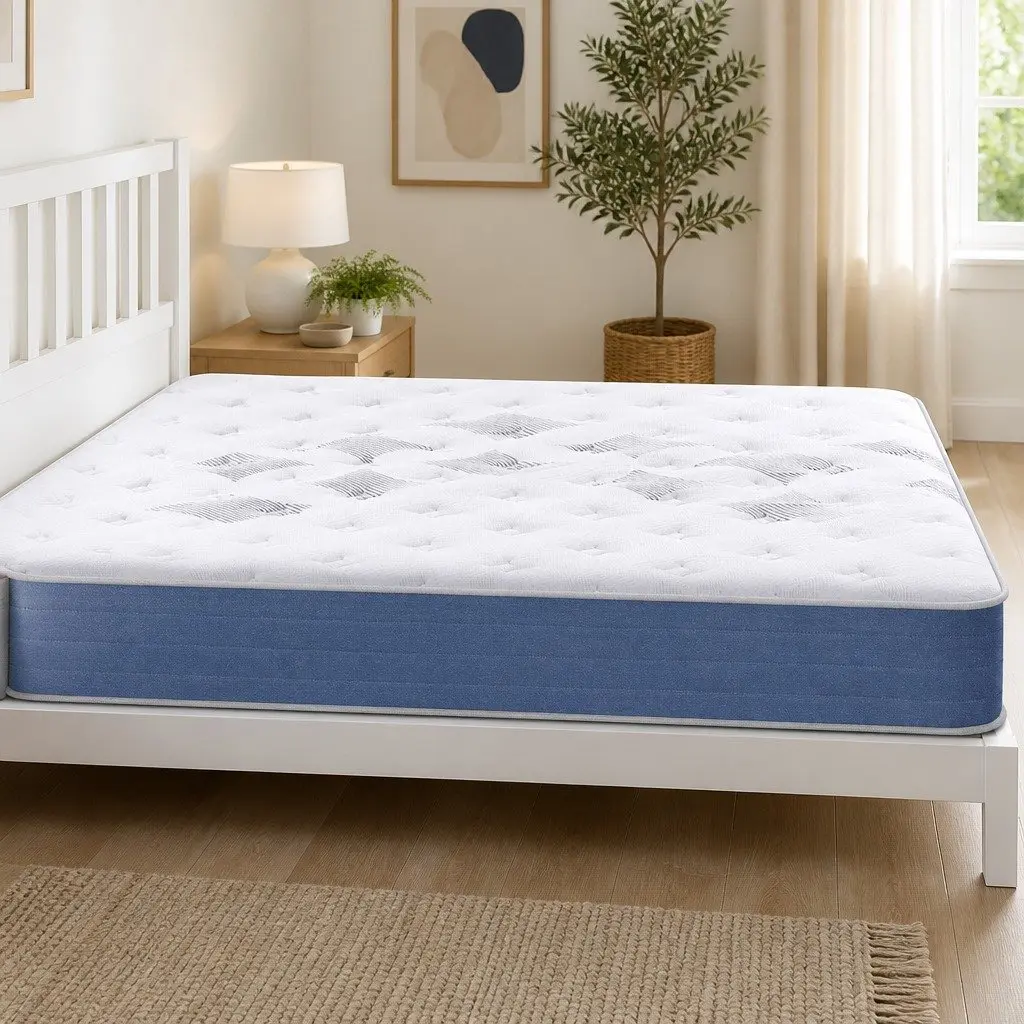 Double Mattress Bamboo Fibre 25cm Euro Top Medium Firm White and Blue