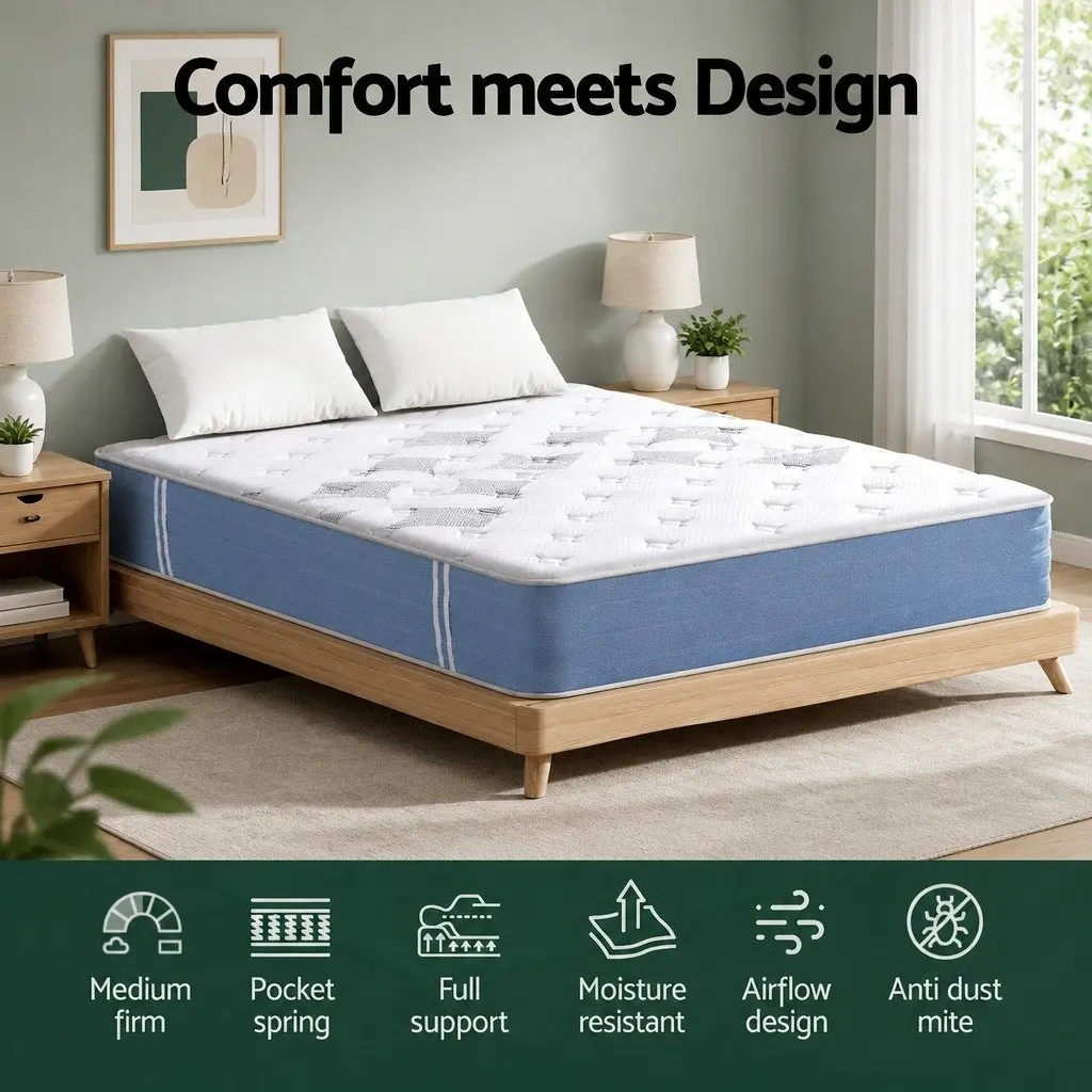 Double Mattress Bamboo Fibre 25cm Euro Top Medium Firm White and Blue