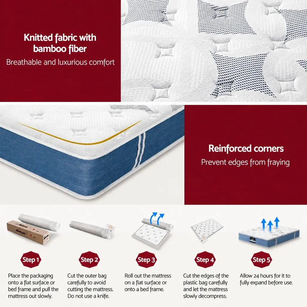 Double Mattress Bamboo Fibre 25cm Euro Top Medium Firm White and Blue