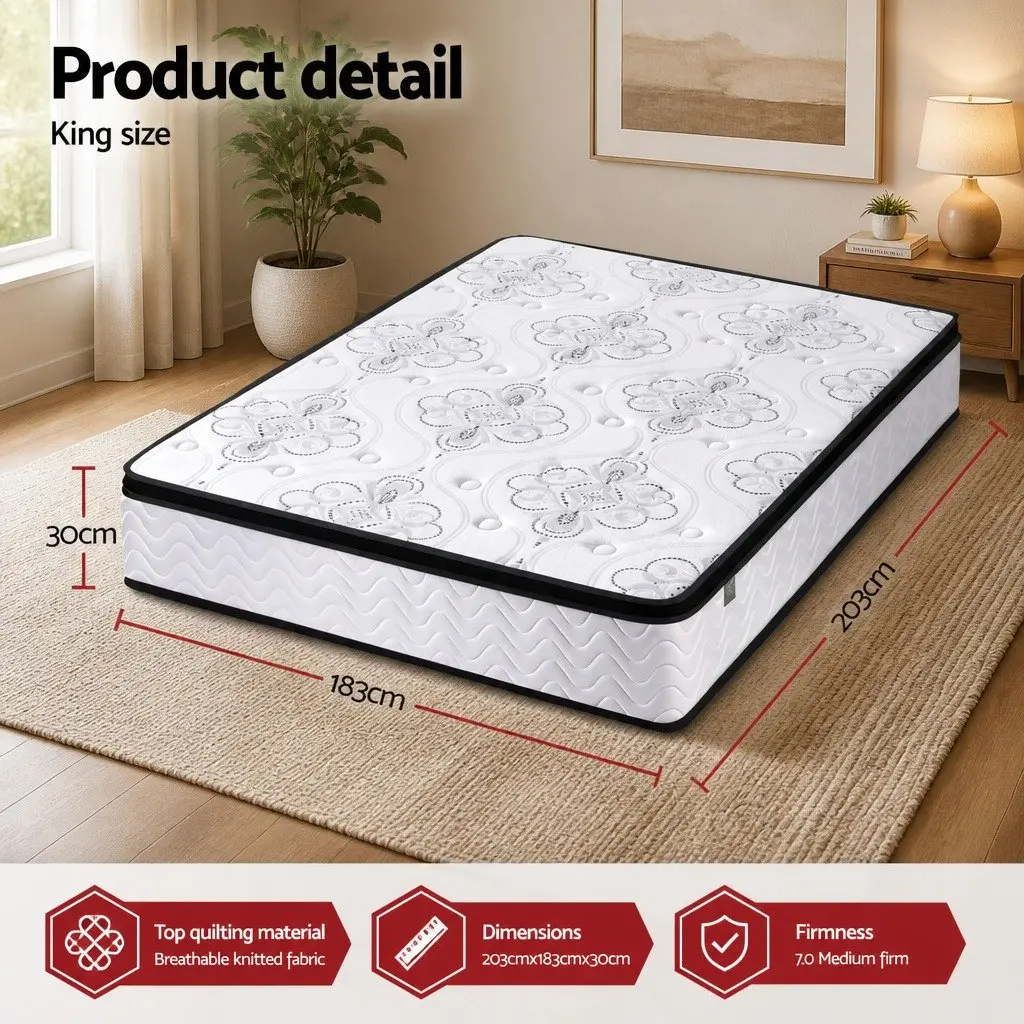 King Size Mattress Pocket Spring 30cm Medium Firm Foam White Euro Top