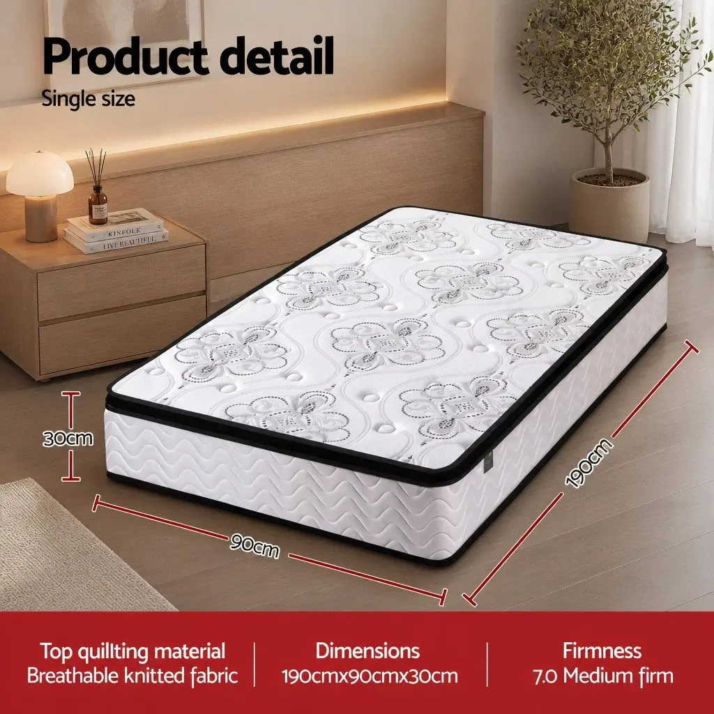 Single Mattress Pocket Spring 30cm Euro Top Medium Firm Foam White
