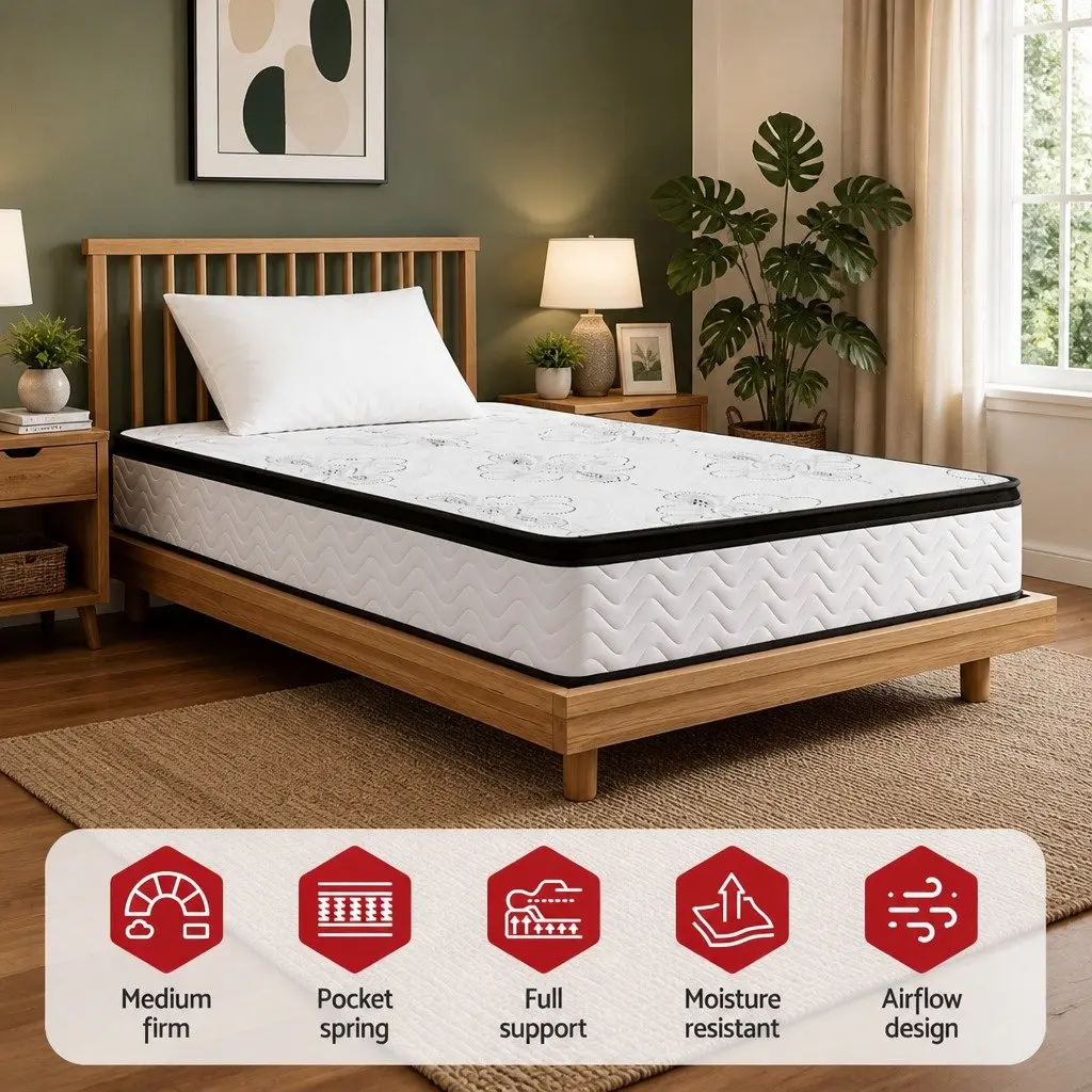 Single Mattress Pocket Spring 30cm Euro Top Medium Firm Foam White