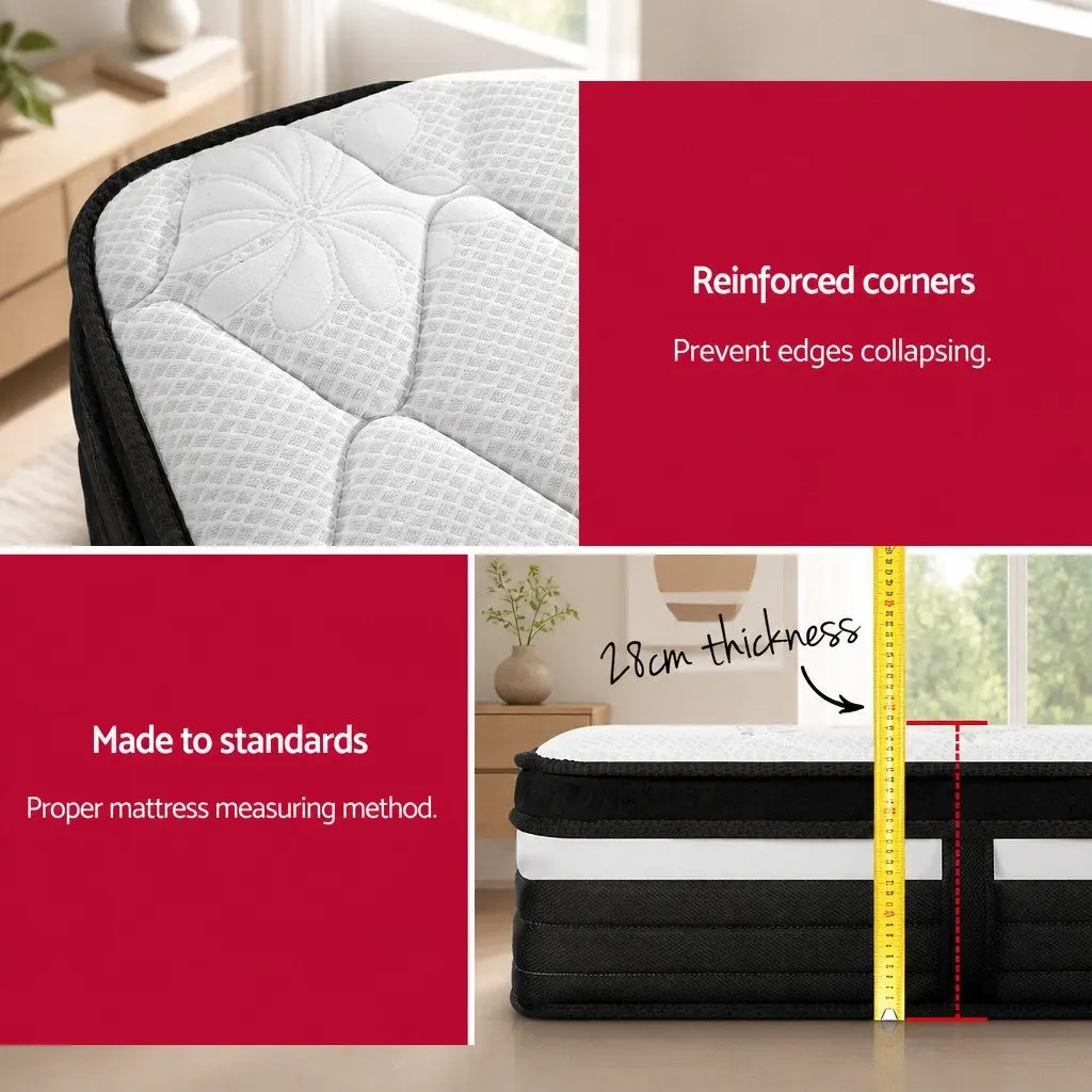 King Single Mattress 28cm Ultra Firm Pocket Spring Hypoallergenic Black Grey White